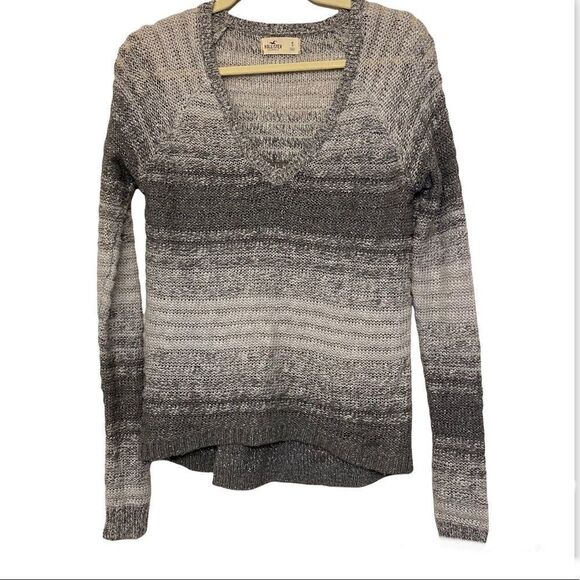 Hollister Gray Metallic Stripe V Neck Sweater lightweight open knit Y2K S - Picture 1 of 10